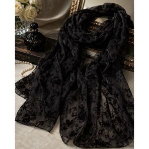 Liz Claiborne Black Burnout Velvet Sheer Scarf Gothic Floral Wrap